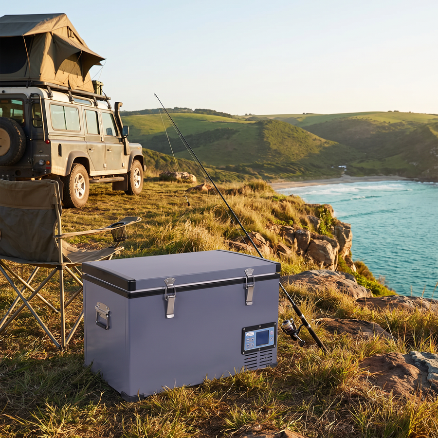 Deadtree Glacier 60L fridge at a Wild Coast clifftop campsite