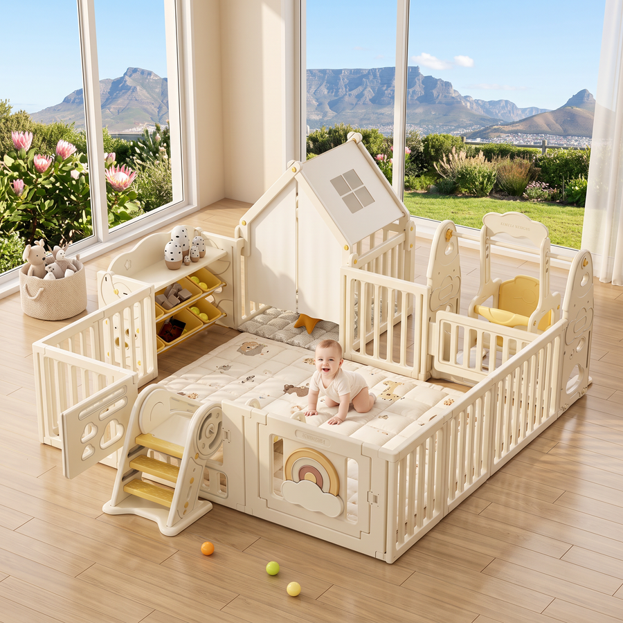 Baby crawling inside the Little Rainbow Playpen in a sunny playroom with Table Mountain views