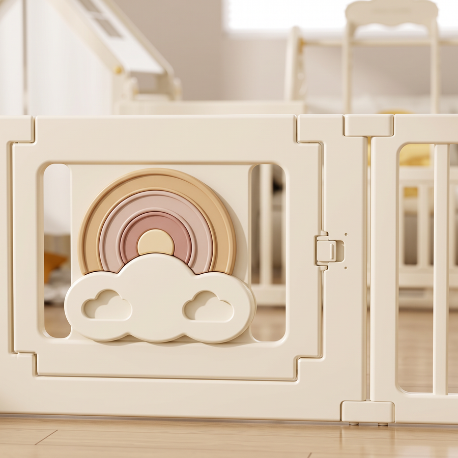 Close-up of the rainbow and cloud on the Little Rainbow Playpen door