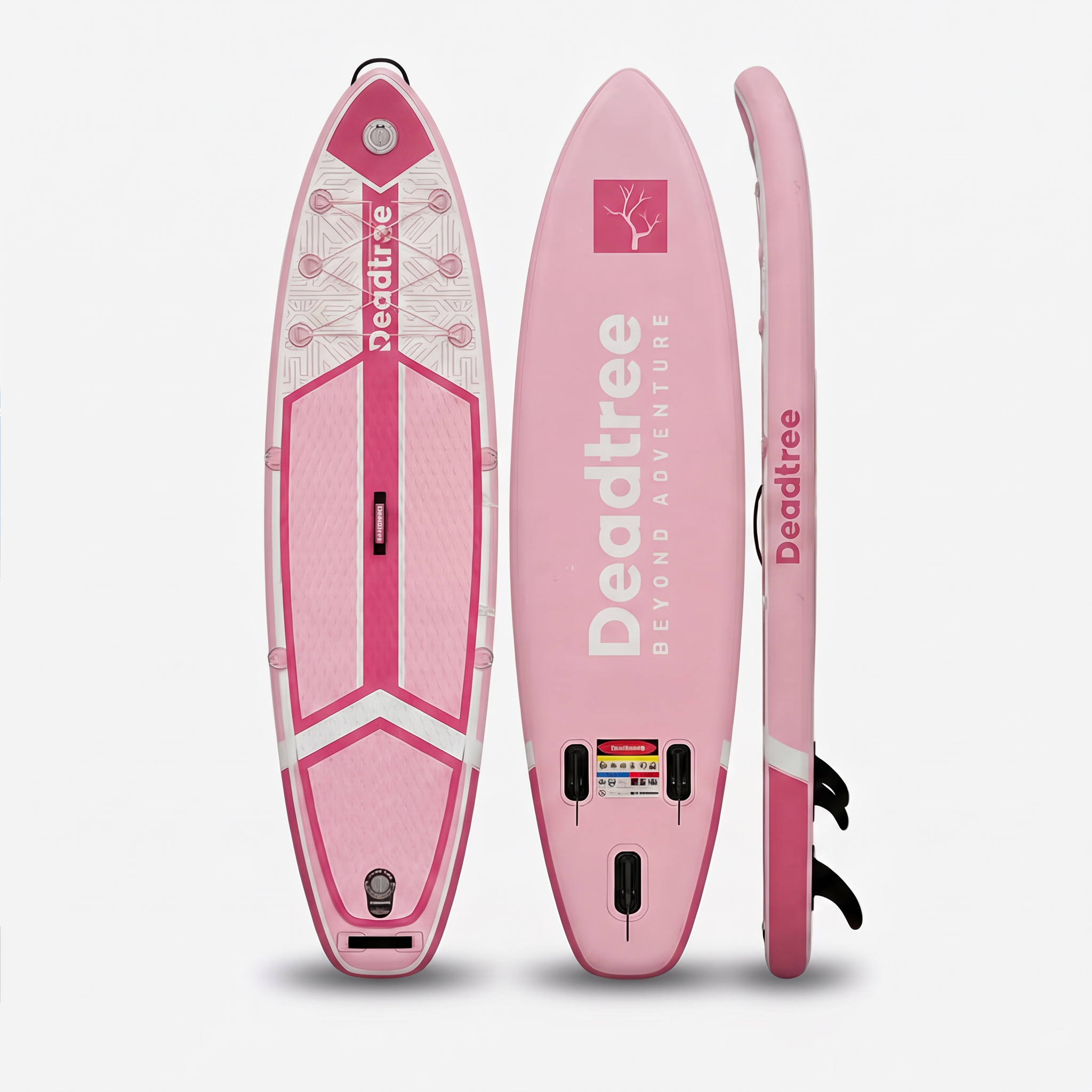 Deadtree Blush inflatable SUP deck, bottom and side views on a grey studio background