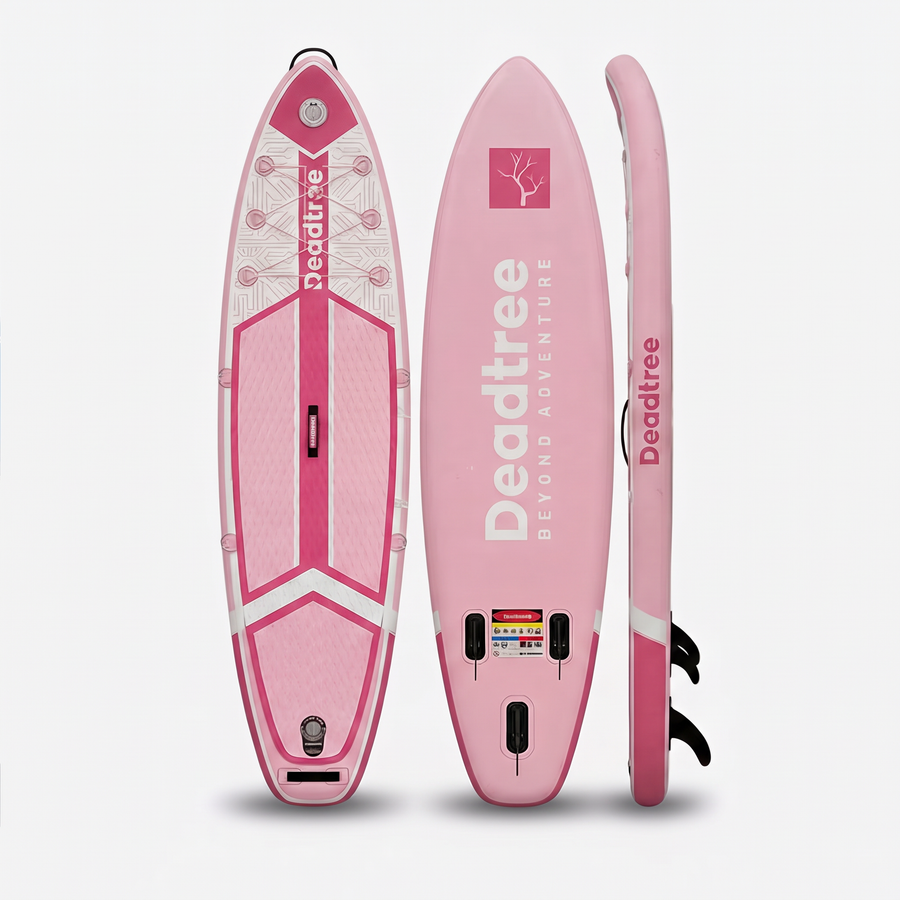 Deadtree Blush inflatable SUP deck, bottom and side views on a grey studio background