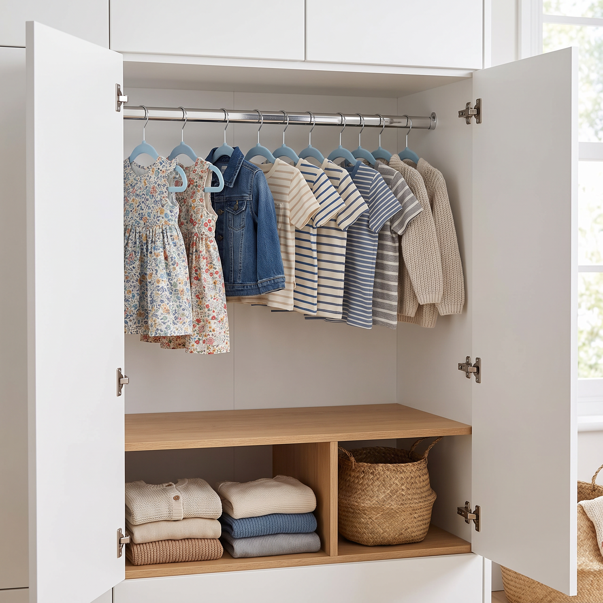 Blue velvet kids hangers with children's clothes in a modern wardrobe
