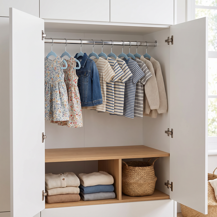 Blue velvet kids hangers with children's clothes in a modern wardrobe