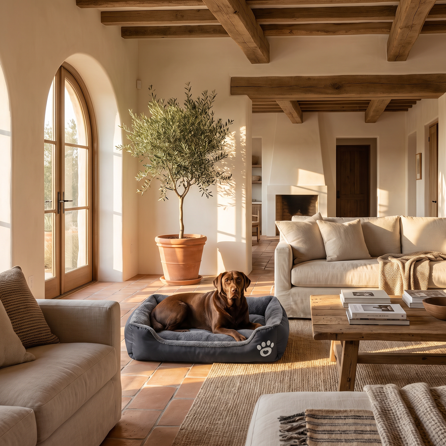 Labrador relaxing on the Pet Nest Dog Bed in a Tuscan-style living room