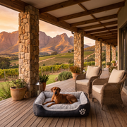 Rhodesian Ridgeback resting on the Pet Nest Dog Bed on a farmhouse stoep with mountain views
