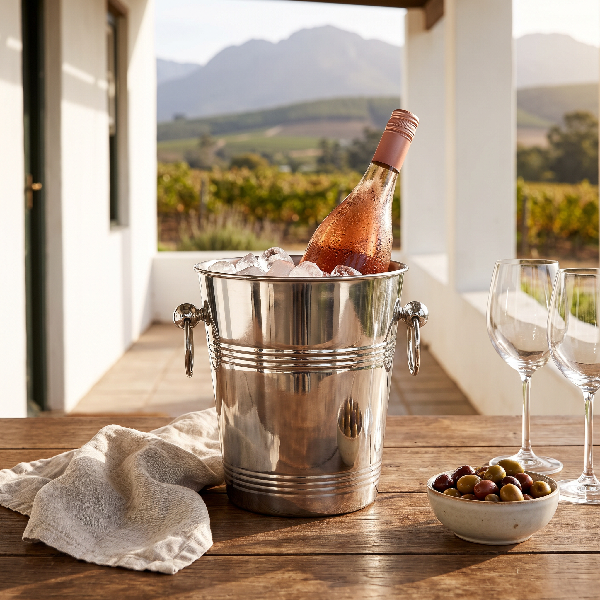 Silver ice bucket with rose on the stoep of a wine farm cottage