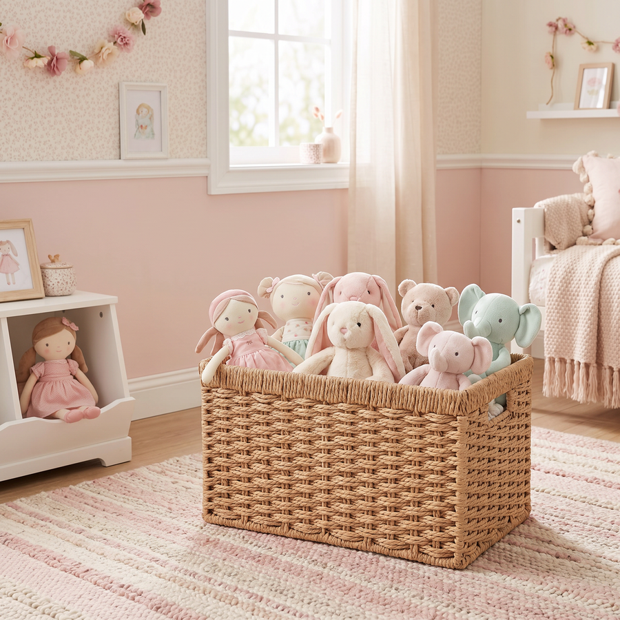 Woven wicker storage basket filled with dolls and soft toys in a girl's bedroom