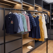 Grey velvet kids hangers with school and play clothes in a modern walk-in closet