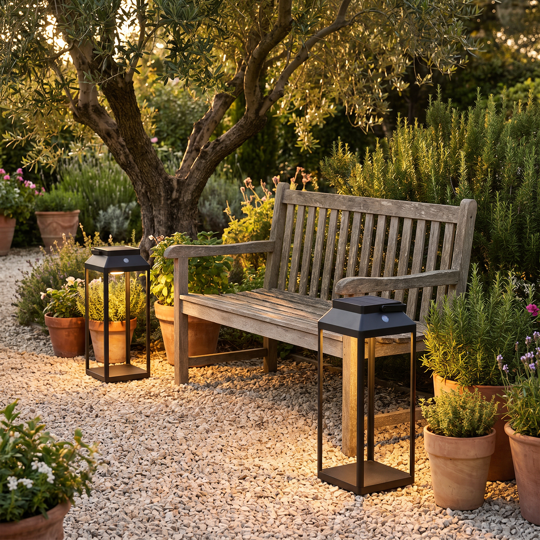 Two black LunaShine solar lanterns beside a garden bench under an olive tree