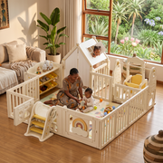 Mom and baby inside the Little Rainbow Playpen with a toddler at the playhouse window