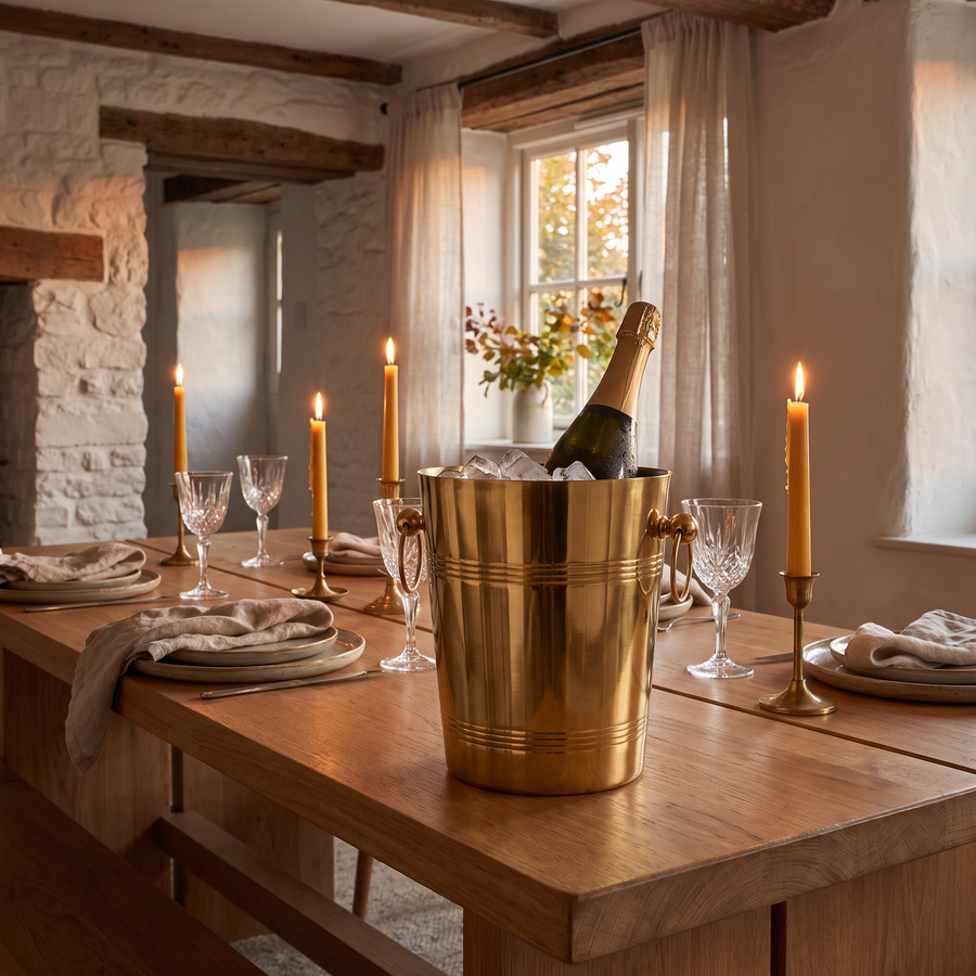 Gold ice bucket with sparkling wine on a farmhouse dining table
