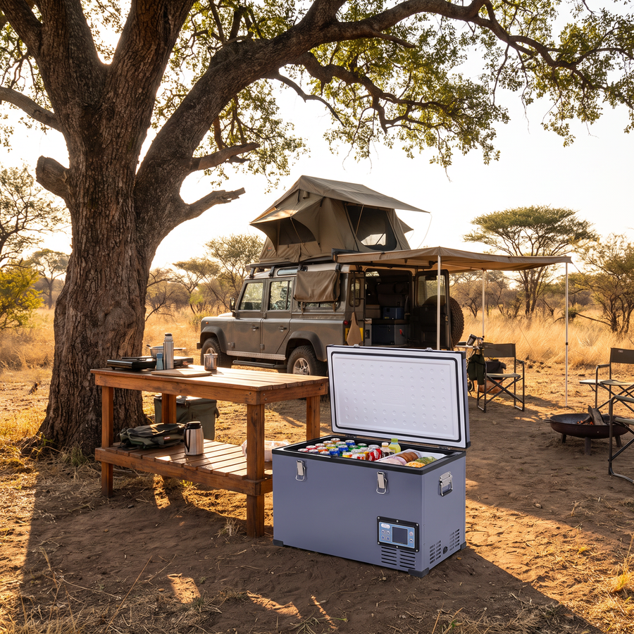 Deadtree Glacier 60L fridge open at a Lowveld bush camp