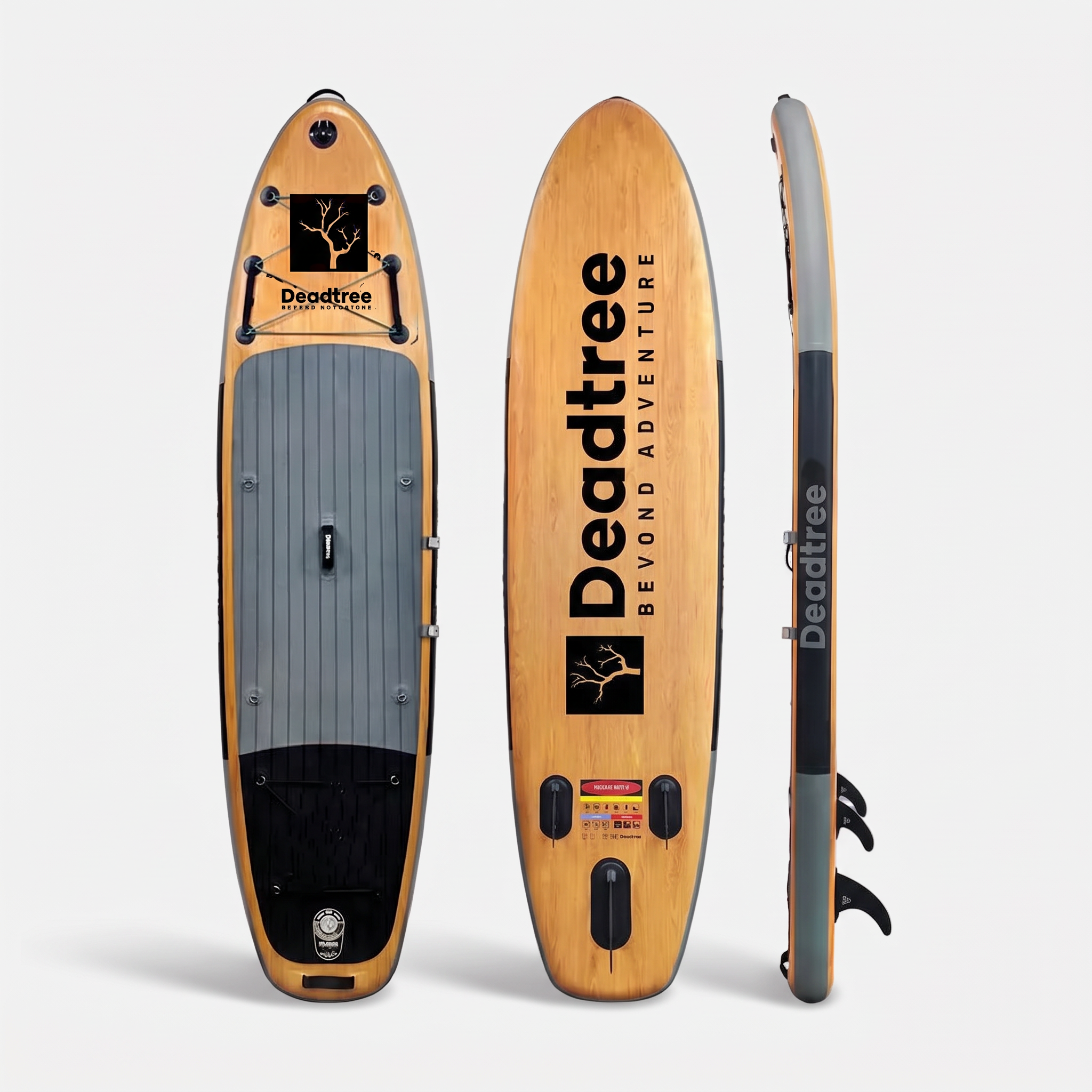 Deadtree Odyssey inflatable SUP deck, bottom and side views on a grey studio background
