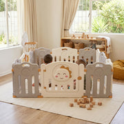 Dino Den Playpen in a bright child's playroom with a toy shelf and storage baskets