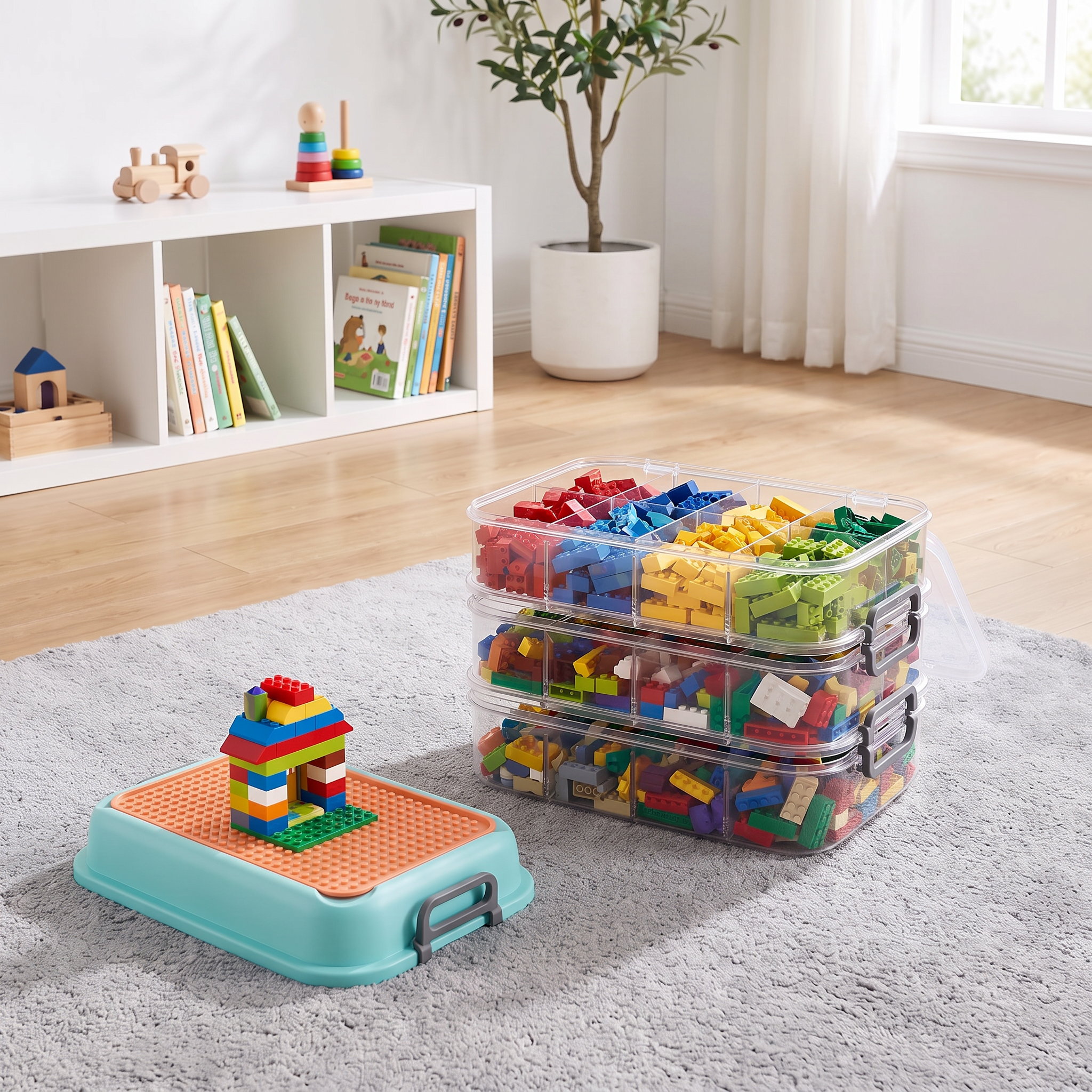 Multi stackable 3 layer block organizer open with sorted building bricks in a modern kids playroom