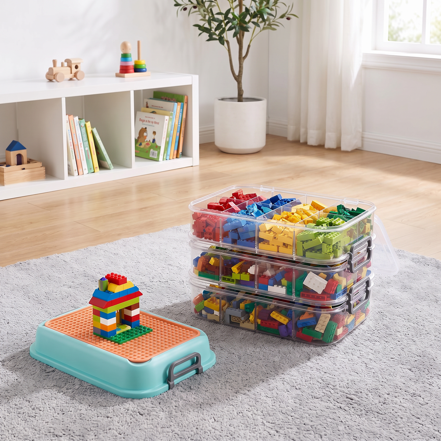 Multi stackable 3 layer block organizer open with sorted building bricks in a modern kids playroom