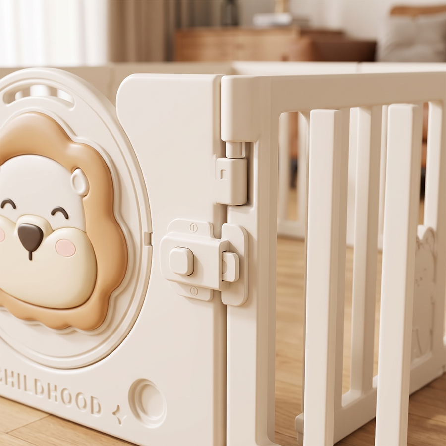 Close-up of the gate hinge and safety lock on the Little Lion Playpen