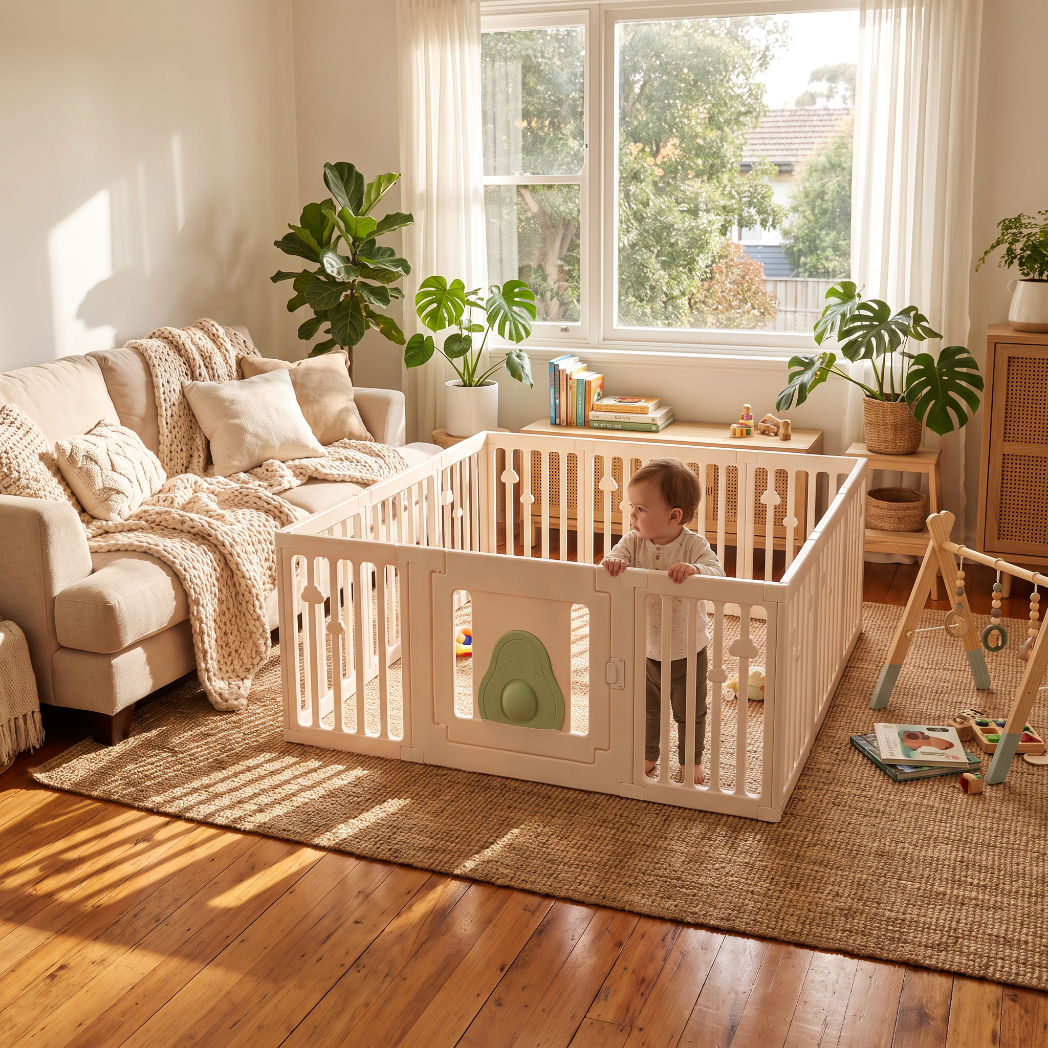 Little Avo Playpen in a warm family living room with a toddler standing inside
