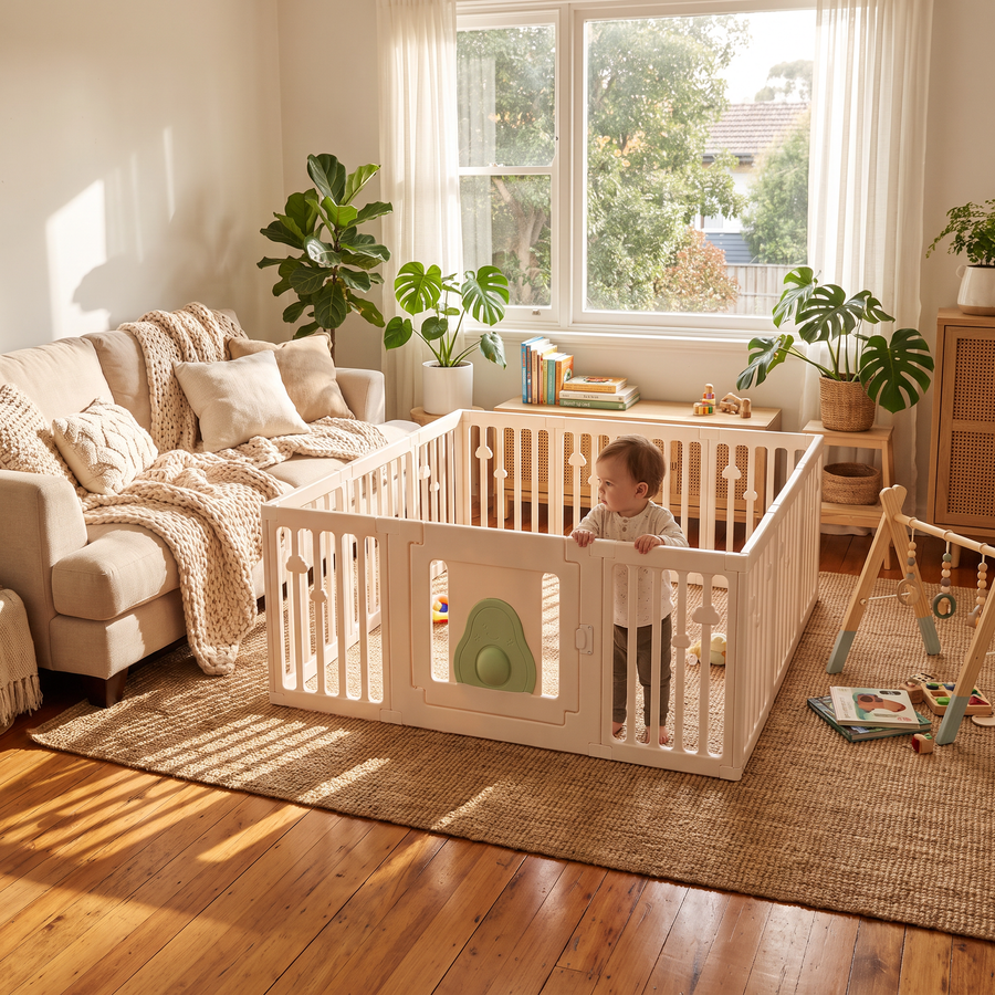 Little Avo Playpen in a warm family living room with a toddler standing inside