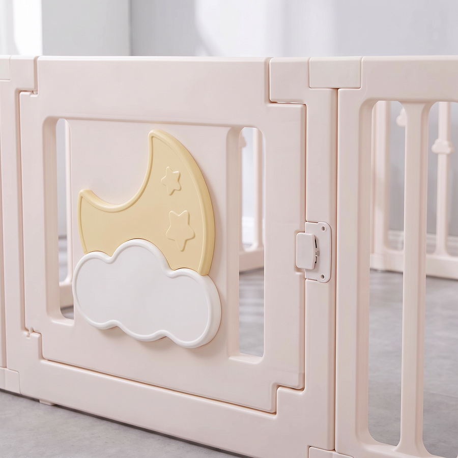 Close-up of the moon-and-cloud gate panel and external child-proof safety latch