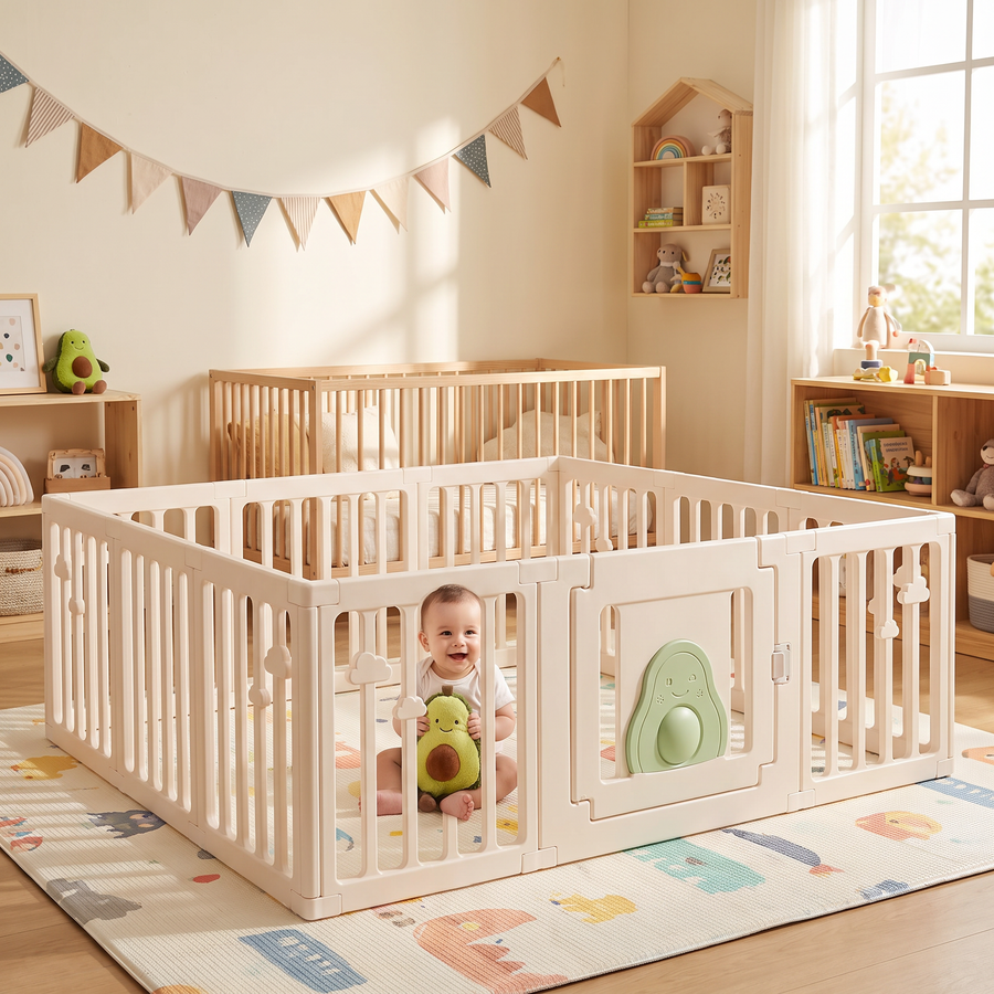 Little Avo Playpen set up in a bright nursery with a play mat