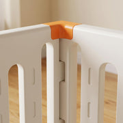 Dream Car Playpen close-up - moulded corner post with orange cap and interlocking panel joint