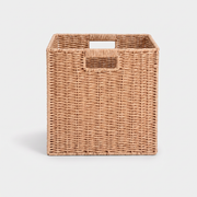 Square Woven Wicker Storage Basket on light grey studio background