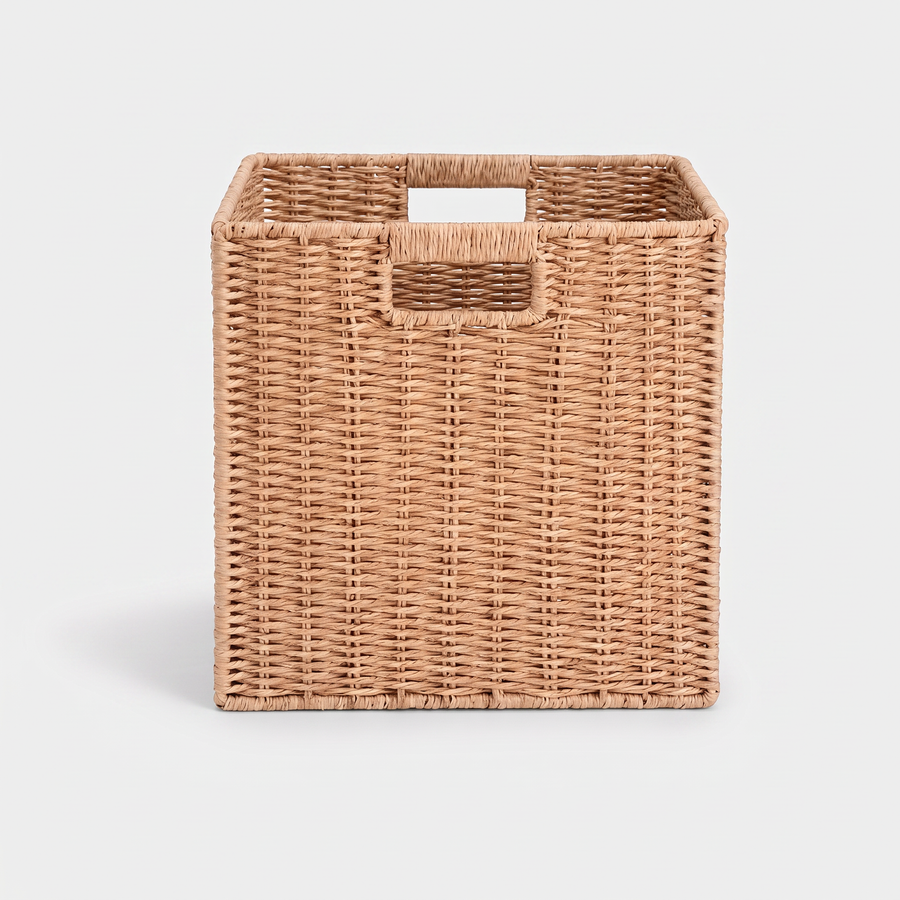 Square Woven Wicker Storage Basket on light grey studio background