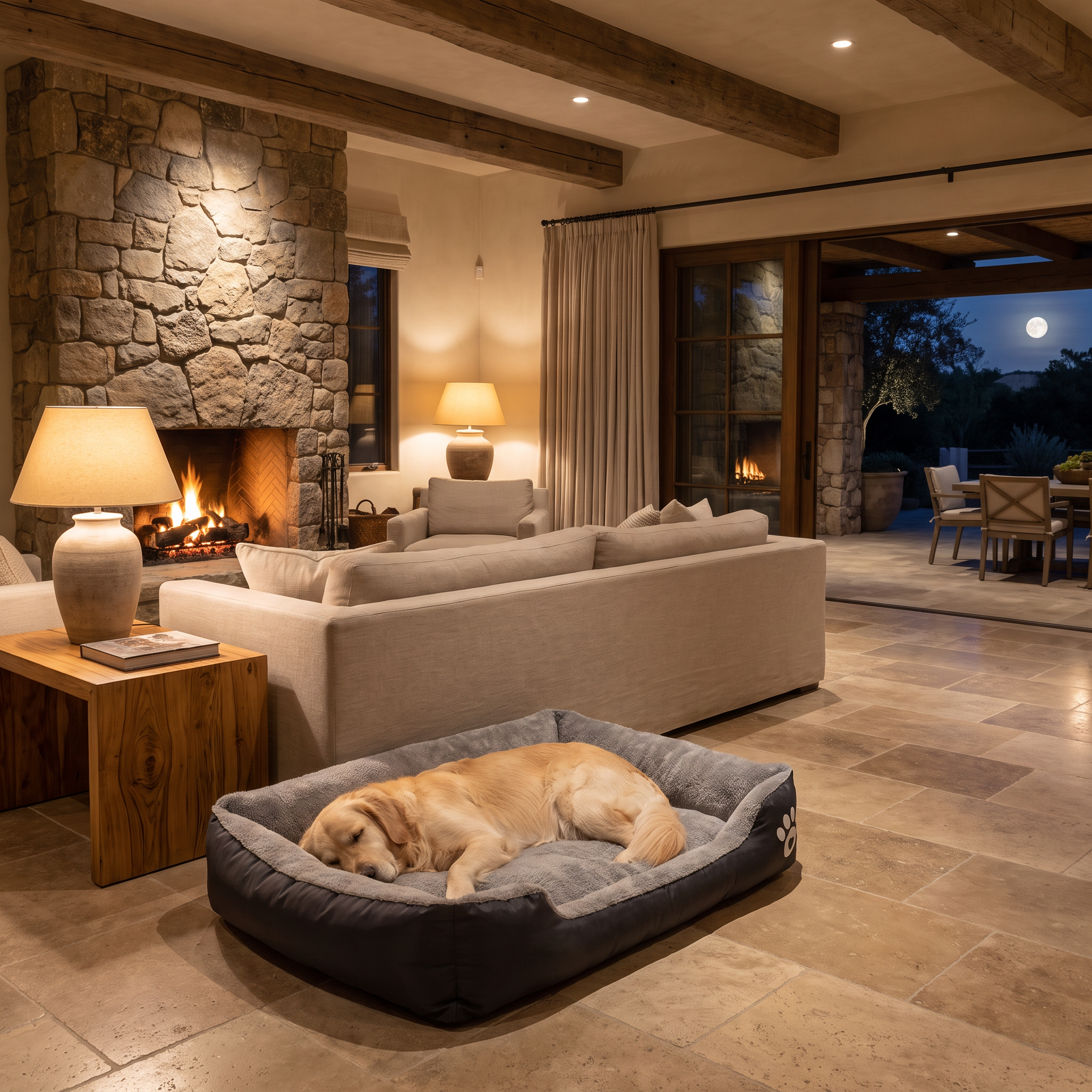 Golden retriever asleep on the Pet Nest Dog Bed in front of a stone fireplace