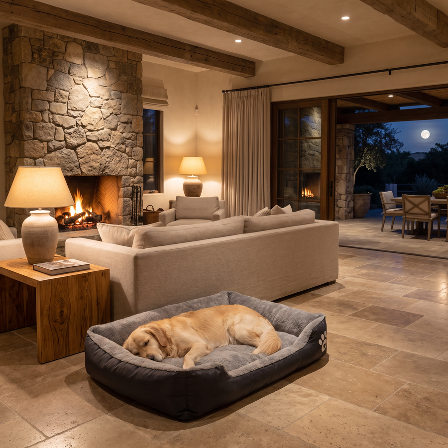 Golden retriever asleep on the Pet Nest Dog Bed in front of a stone fireplace
