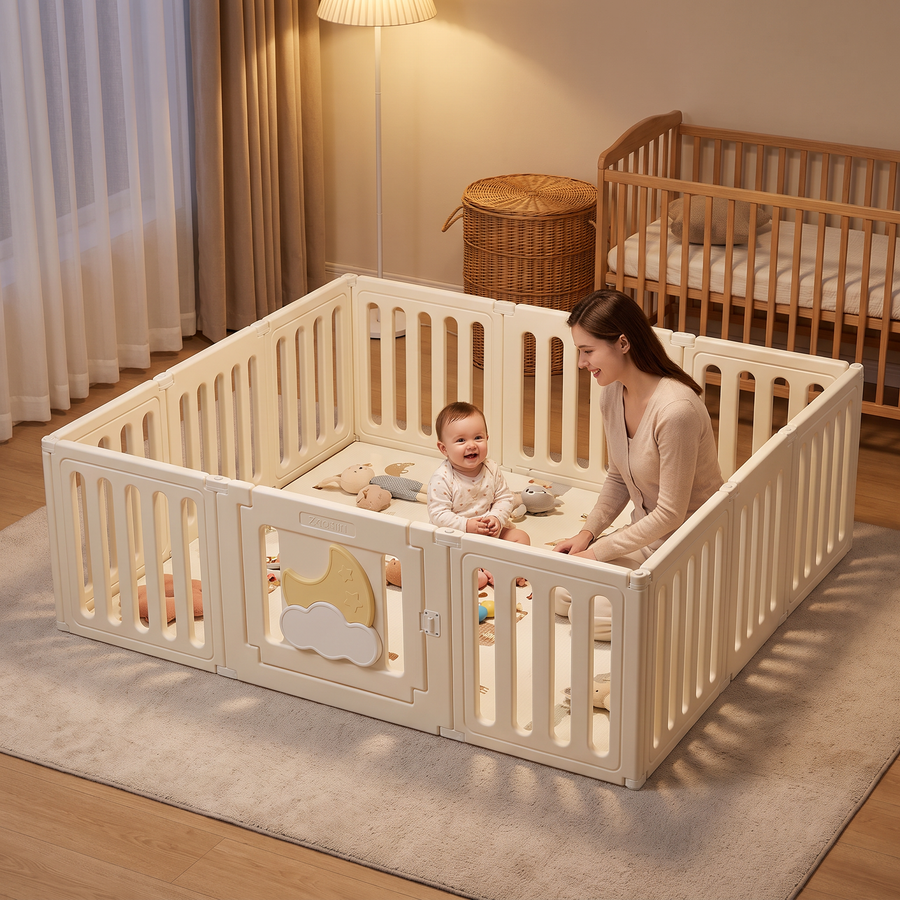 Mom and baby inside the Little Moon Playpen in a cosy nursery