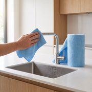 Polishing a kitchen tap with a blue microfibre cloth