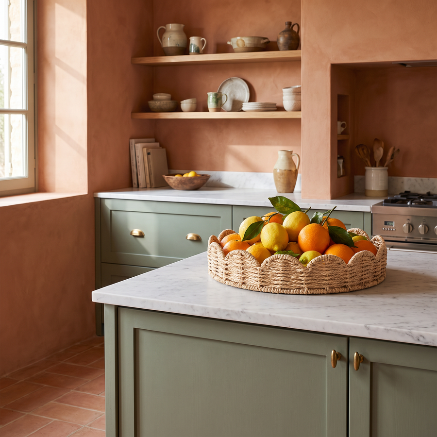 Woven wicker round tray filled with lemons and oranges in a modern Tuscan kitchen