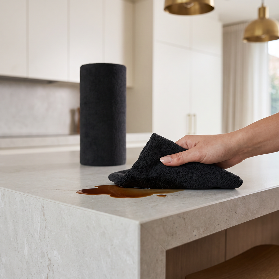 Wiping a coffee spill with a black microfibre cloth