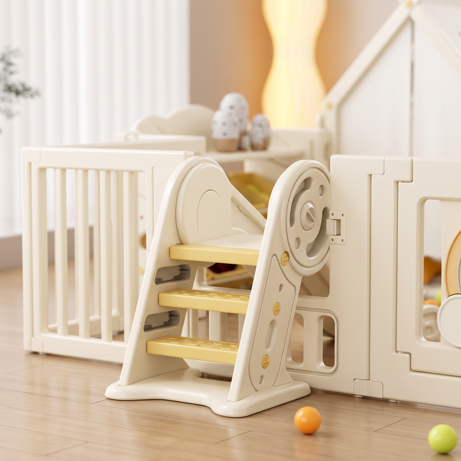 Close-up of the steps and slide on the Little Rainbow Playpen