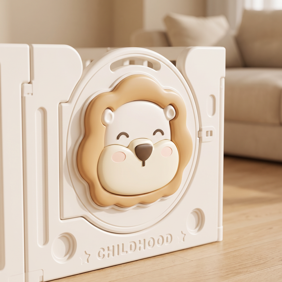 Close-up of the lion face on the Little Lion Playpen gate