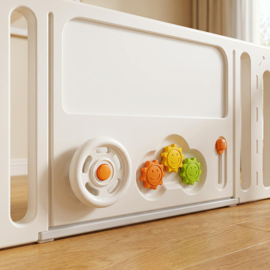 Dream Car Playpen close-up - steering wheel spinner and three smiling flower gears built into the panel