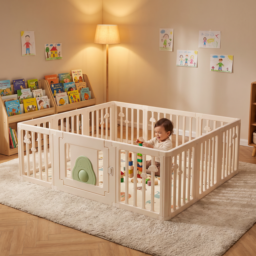 Little Avo Playpen in a cosy playroom with a toddler building with blocks