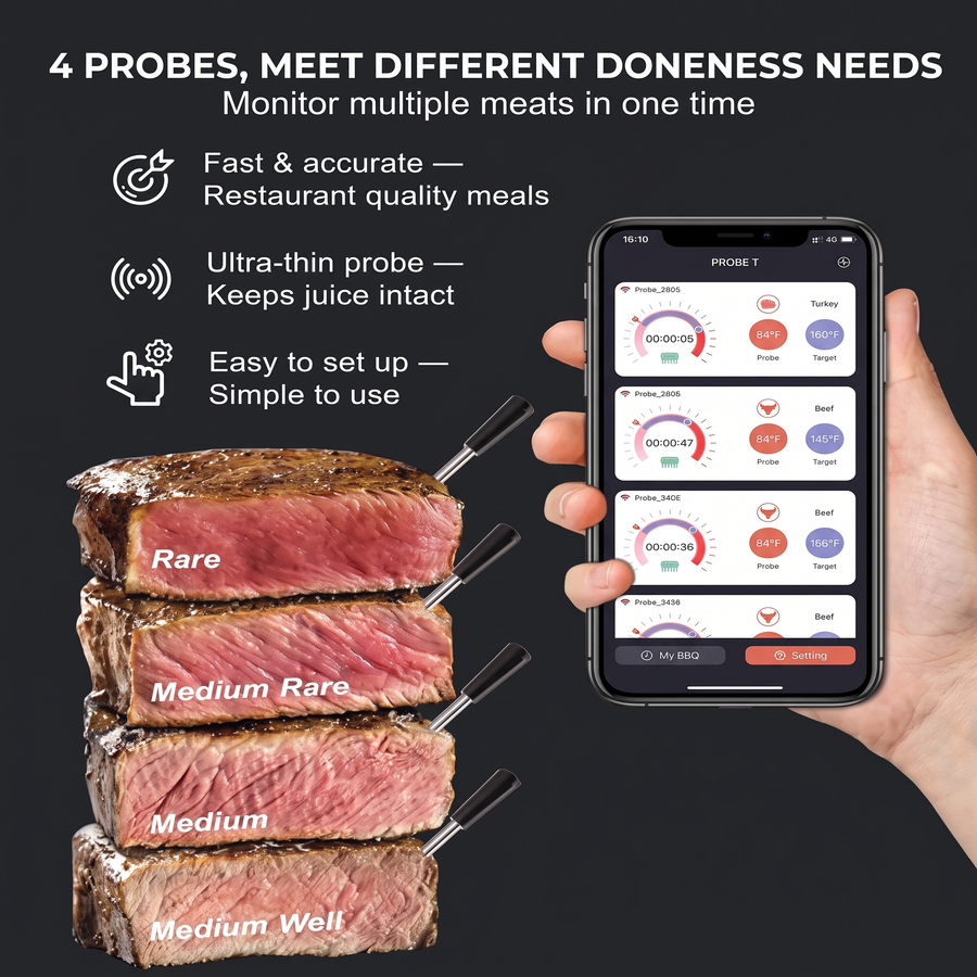 Four probes for different doneness levels, monitored in the app