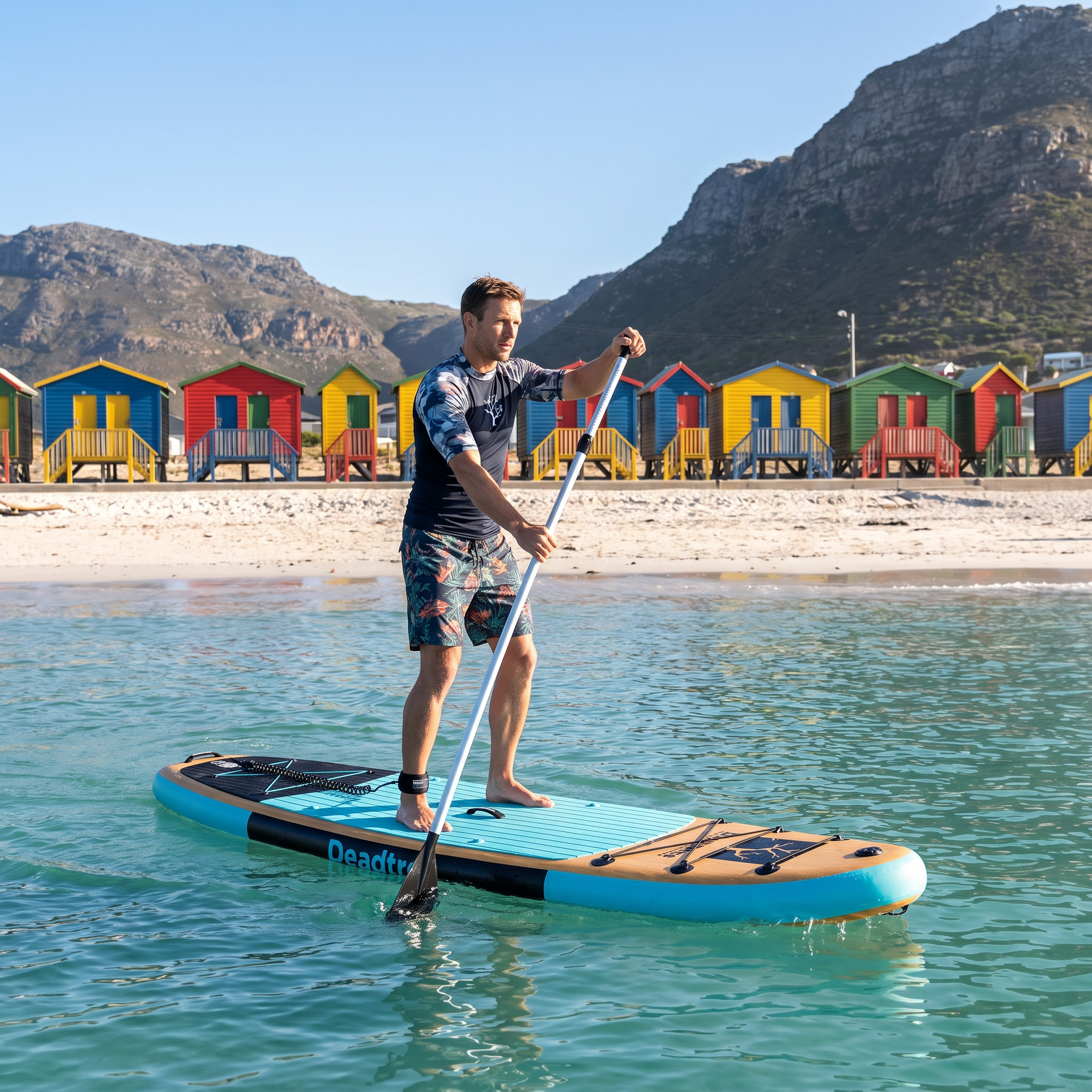 Paddling the Deadtree Wave Glide SUP at Muizenberg beach with the colourful beach huts