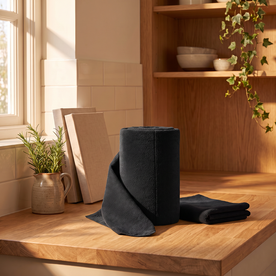 Black microfibre cloth roll on a warm oak kitchen counter beside cookbooks