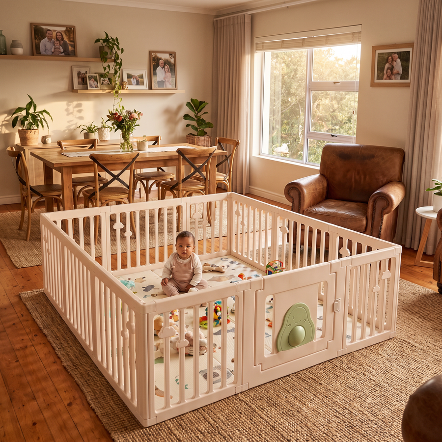 Little Avo Playpen in an open-plan family living and dining space