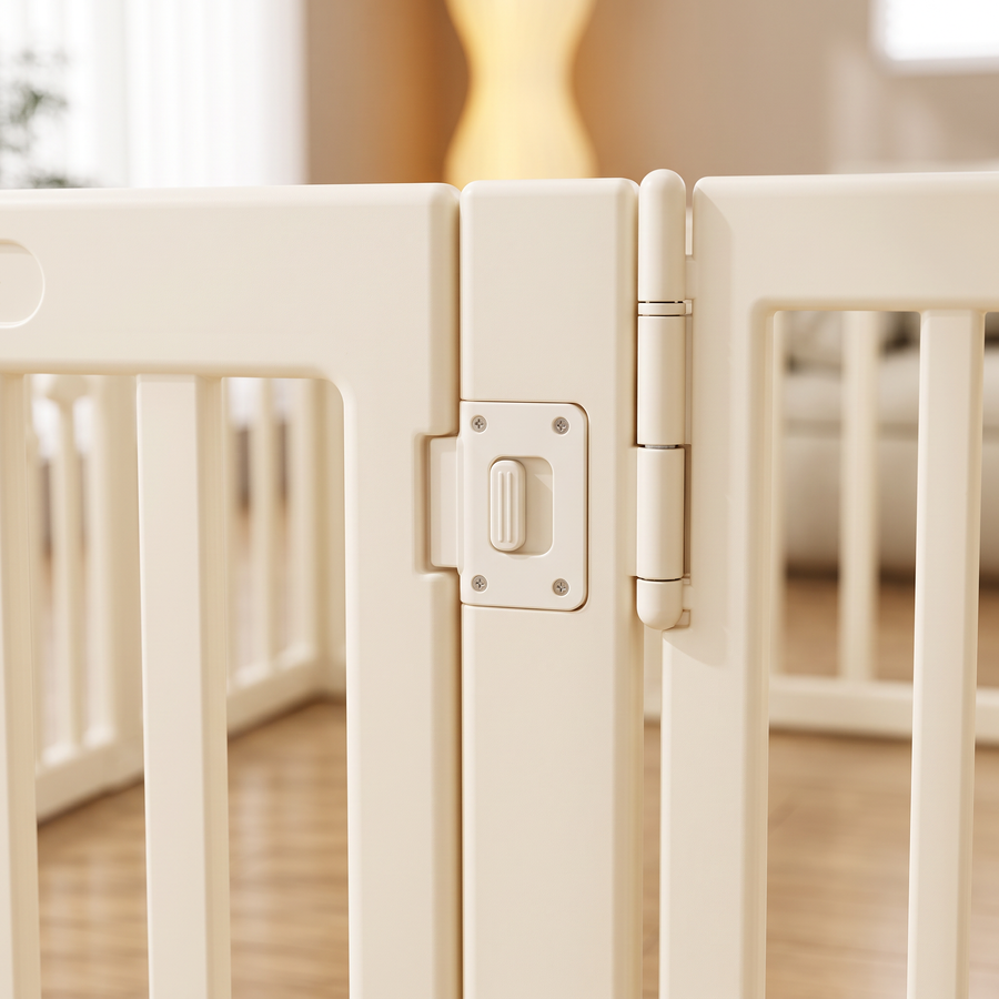 Close-up of the one-button door lock and hinge on the Little Rainbow Playpen