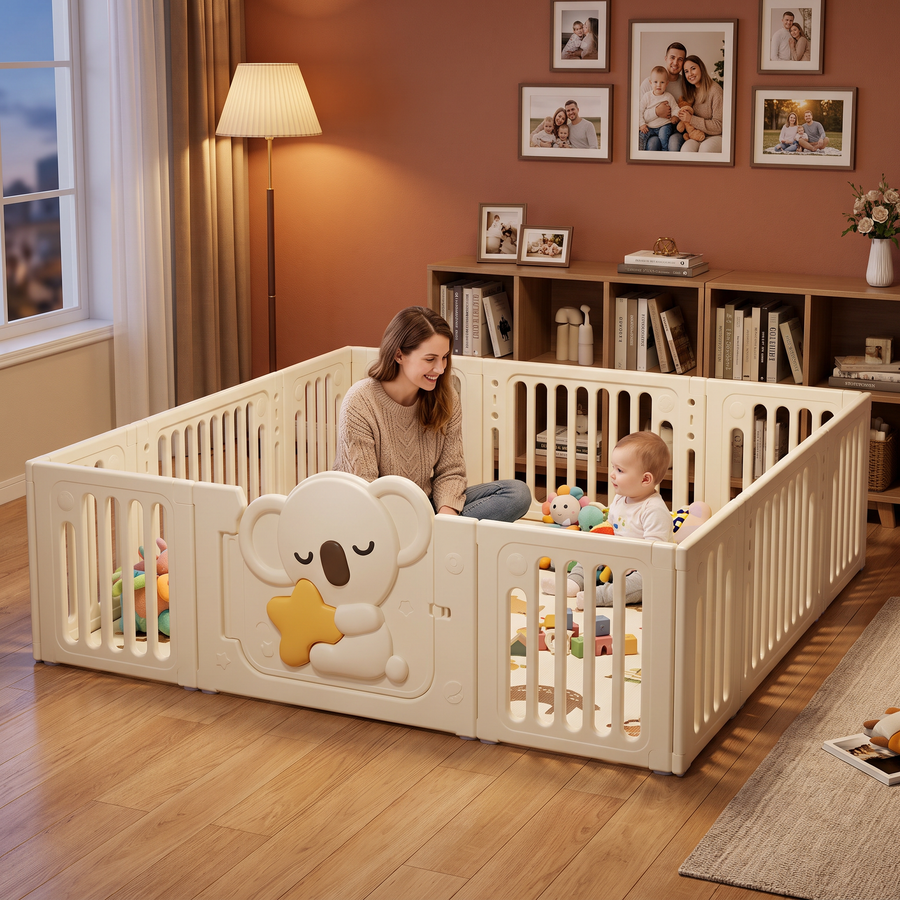 Mom playing with her baby in the Little Koala Playpen in a cosy family room