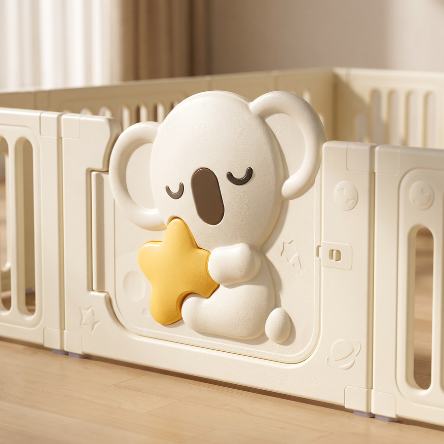 Close-up of the koala hugging a star on the Little Koala Playpen door
