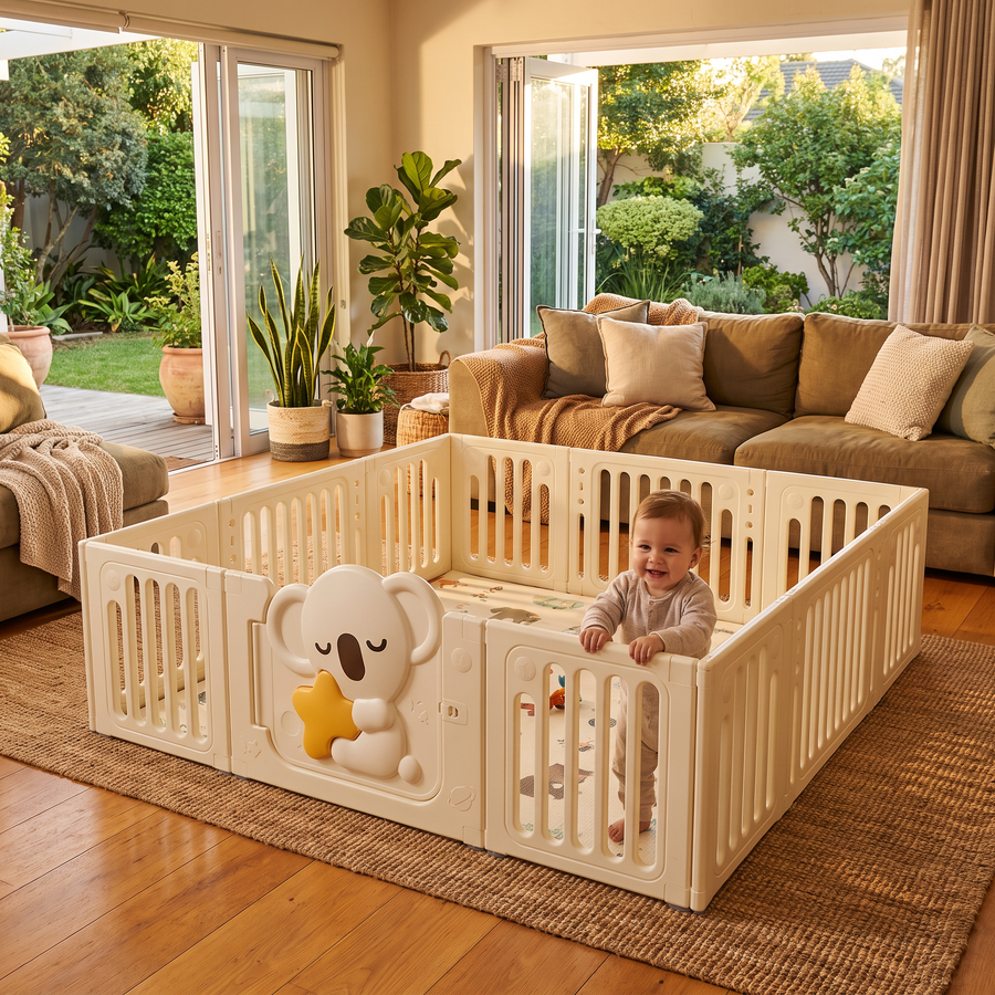Little Koala Playpen in a warm family lounge with a toddler standing inside