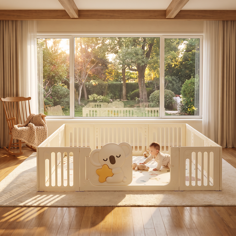 Baby crawling in the Little Koala Playpen in a sunny family room