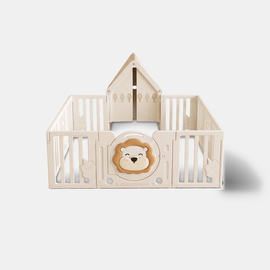 Little Lion Playpen 180 x 200 cm in cream with little playhouse, front view
