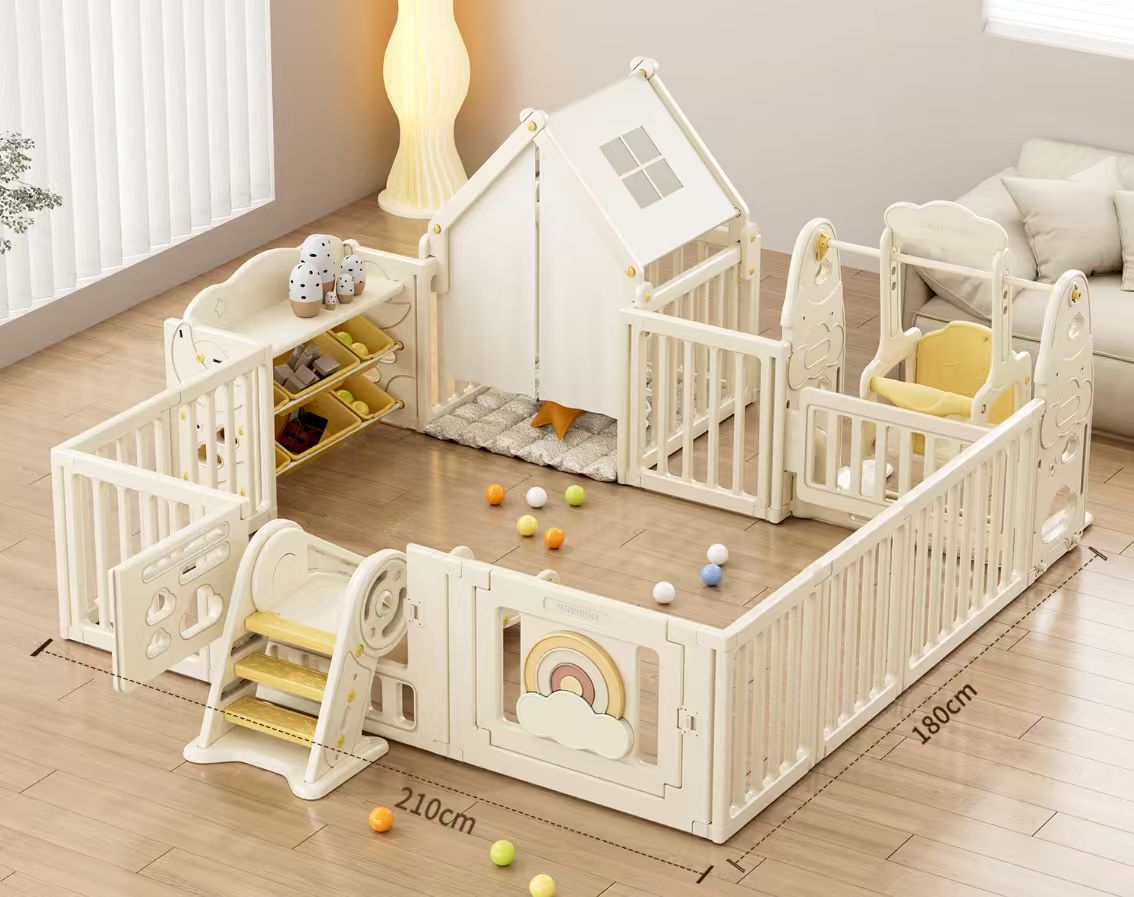 Little Rainbow Playpen 210 x 180 cm with slide, playhouse, swing and toy shelf