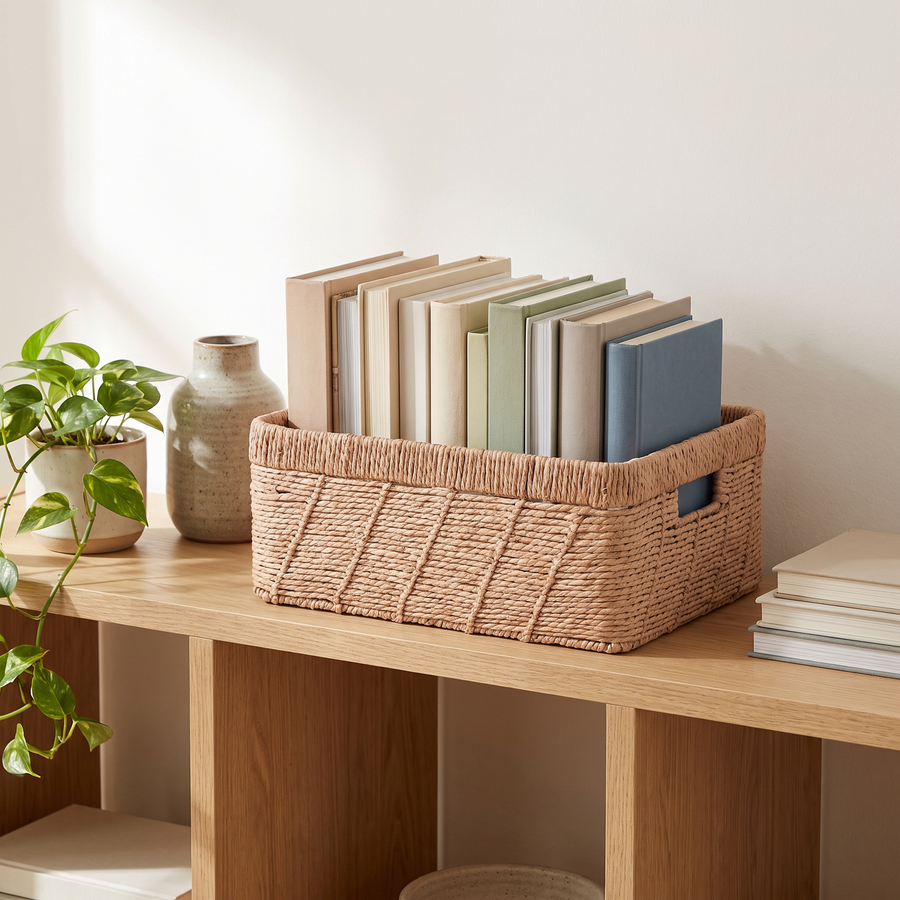 Lucy woven wicker basket holding books on a bookshelf